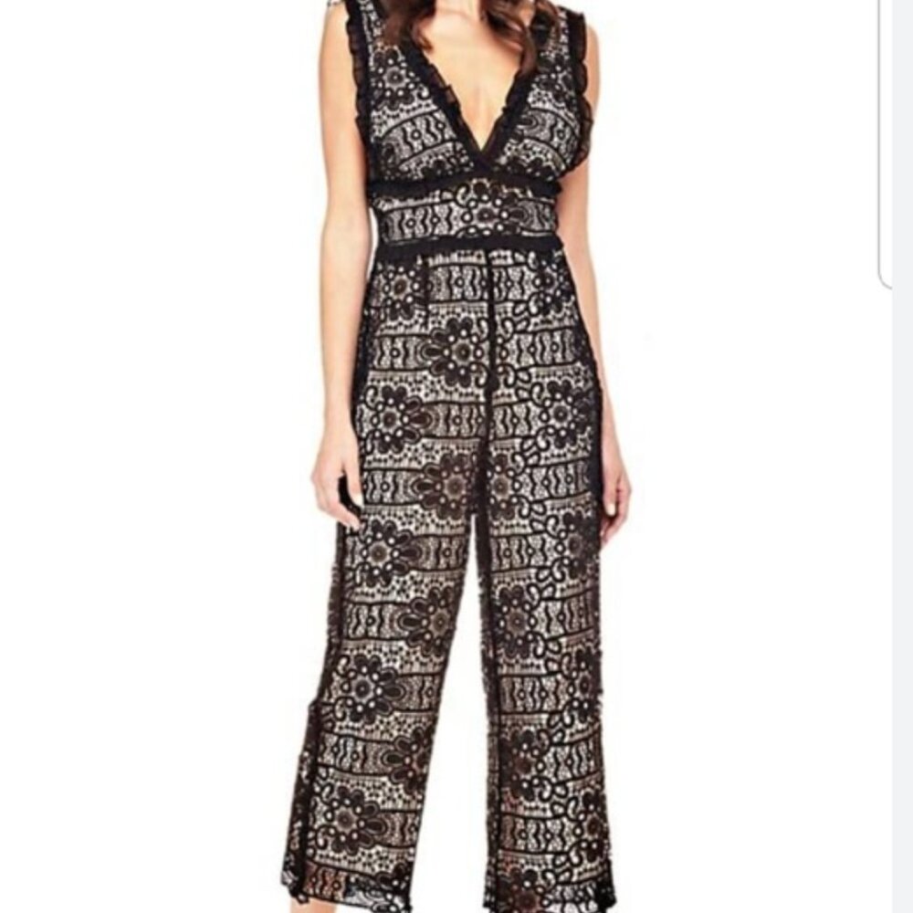 GUESS BLACK BEIGE CROCHET LACE CROPPED JUMPSUIT - 4